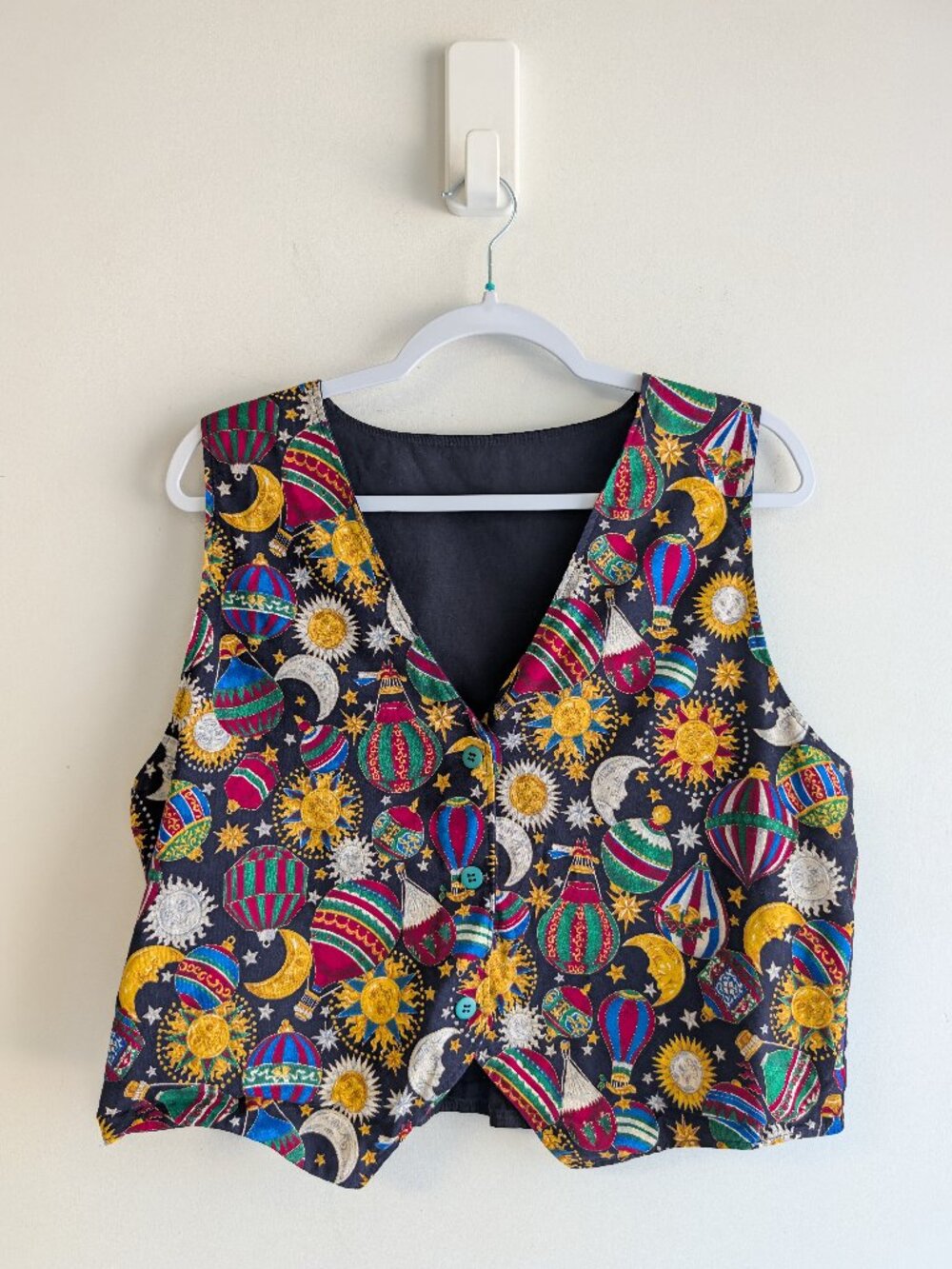 Vintage whimsical celestial hot air balloon print vest